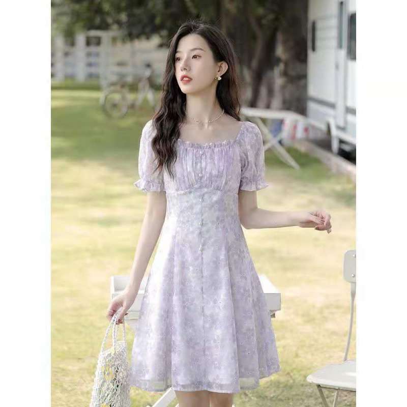 Temperament Small Skirt First Love Small Sweet Chiffon Floral Puff Sleeve
