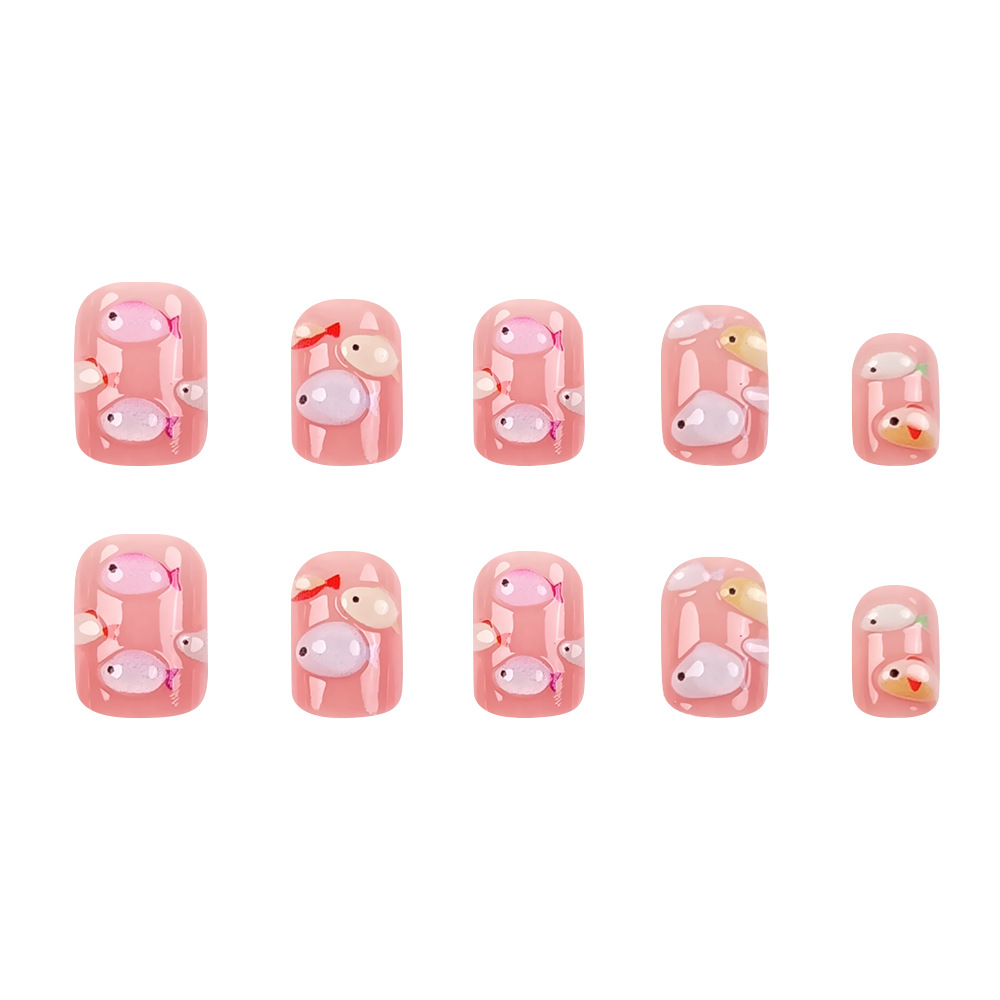 24 Pieces Of Short Square Acrylic Nail Stickers For 3D Ocean Fish, Press-on Nail Gradient Artificial Nails, Including 1 Piece Of Jelly Glue And 1 Nail File. Wearable Nail Accessories. — foto 5