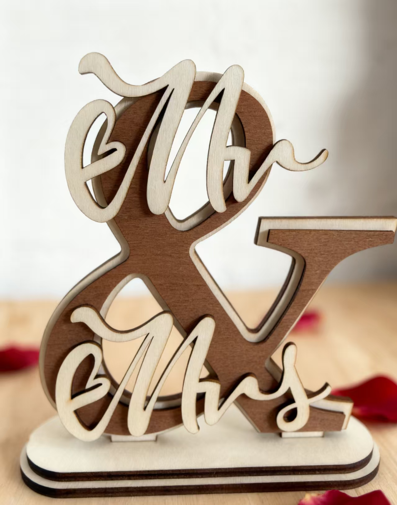 Personalized Ampersand & Mr Mrs Wooden Table Sign With Base, Custom Engraved Couple Names & Wedding Date Freestanding Wood Decor, Wedding Sweetheart Table Centerpiece, Anniversary Engagement Keepsake