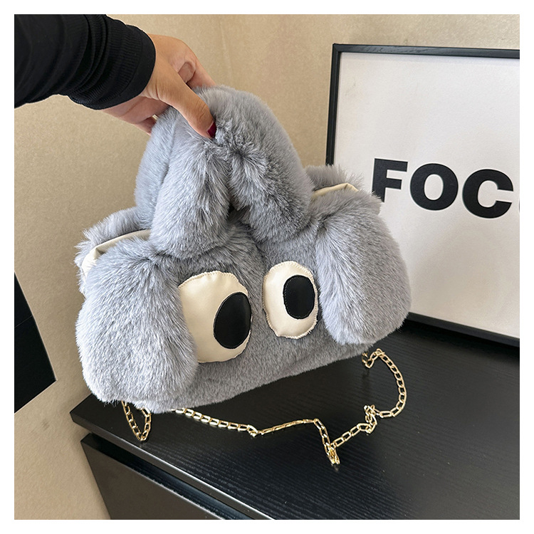 Cute Cartoon Big Eyes Dog Plush Bags For Women Winter Fashion Chains Handbags Designer Personalized Shoulder Crossbody Bag Grey - Shop at LoveMi