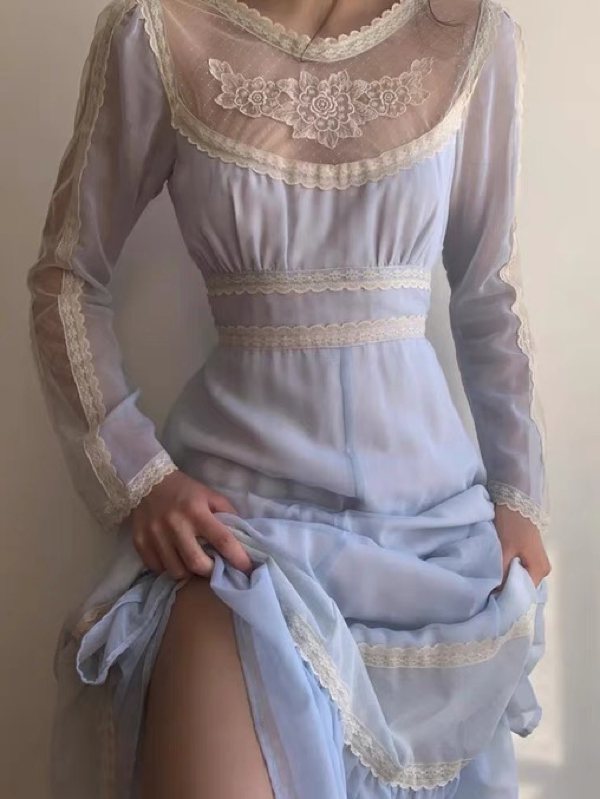 Blue First Love Retro Court Style Temperament Fairy Niche Over-the-knee Long Skirt