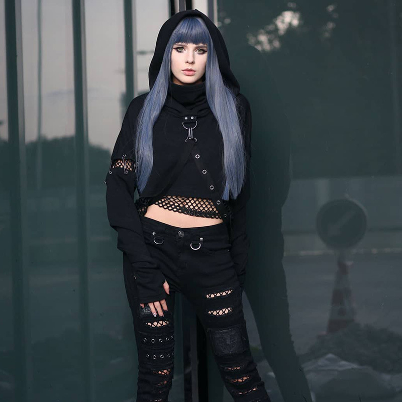 Women's Dark Patchwork Long Sleeve Ripped Sweatshirt