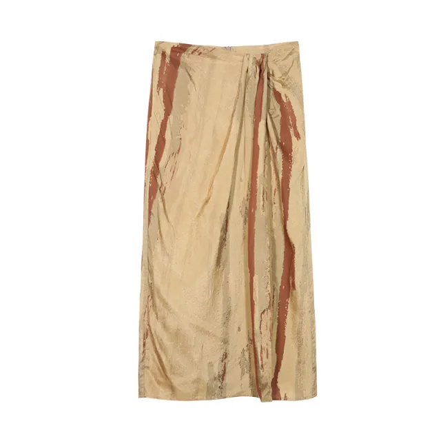 New Temperament Retro Design Oil Painting Print Slit Skirt Caramel M - Shop at LoveMi