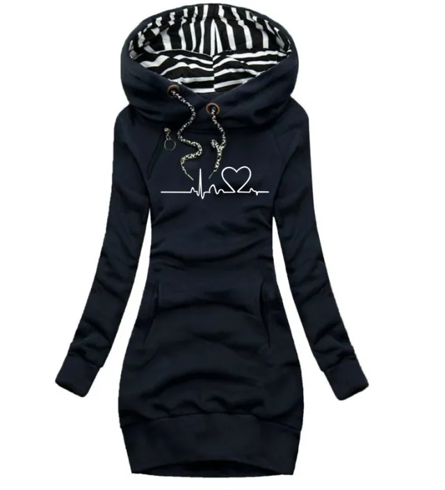 Heart Print Long Clothes Women Hoodie Sweatshirt Pullover Tops Navy - Shop at LoveMi