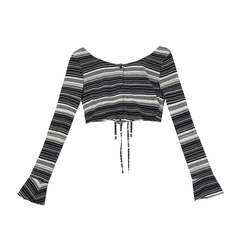 Women's Autumn New Reversible Long-sleeved Striped Short T-shirt