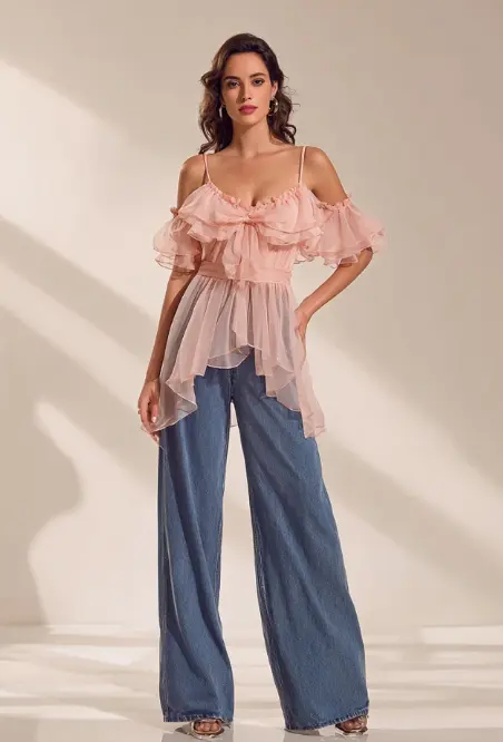 Ruffled Off Shoulder Chiffon Blouse