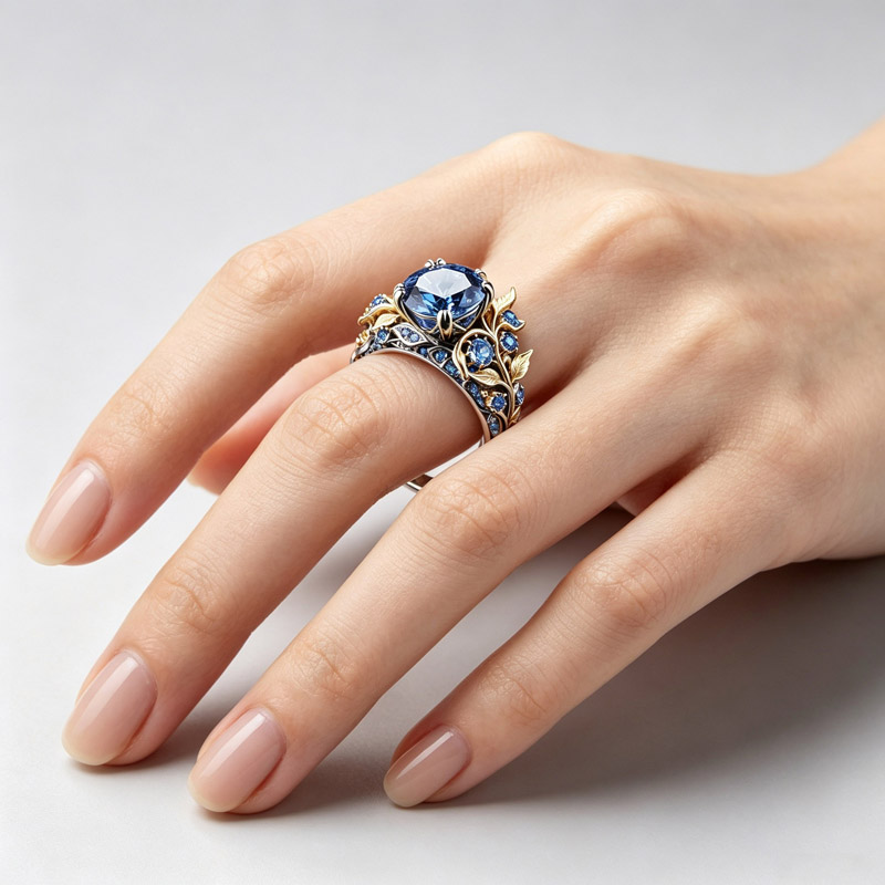 Vintage Blue Crystal Leaf Ring Silver Gold Tone Brass Women Statement Party Fashion Jewelry Botanical 4