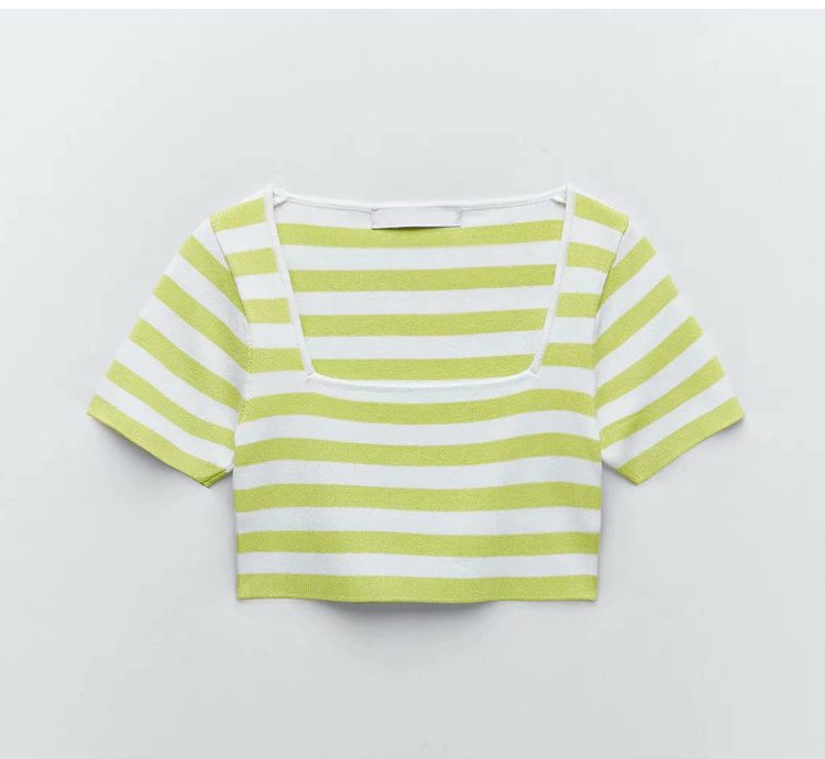 Title 4, New Two-tone Striped Square Neckline Cropped Sh...