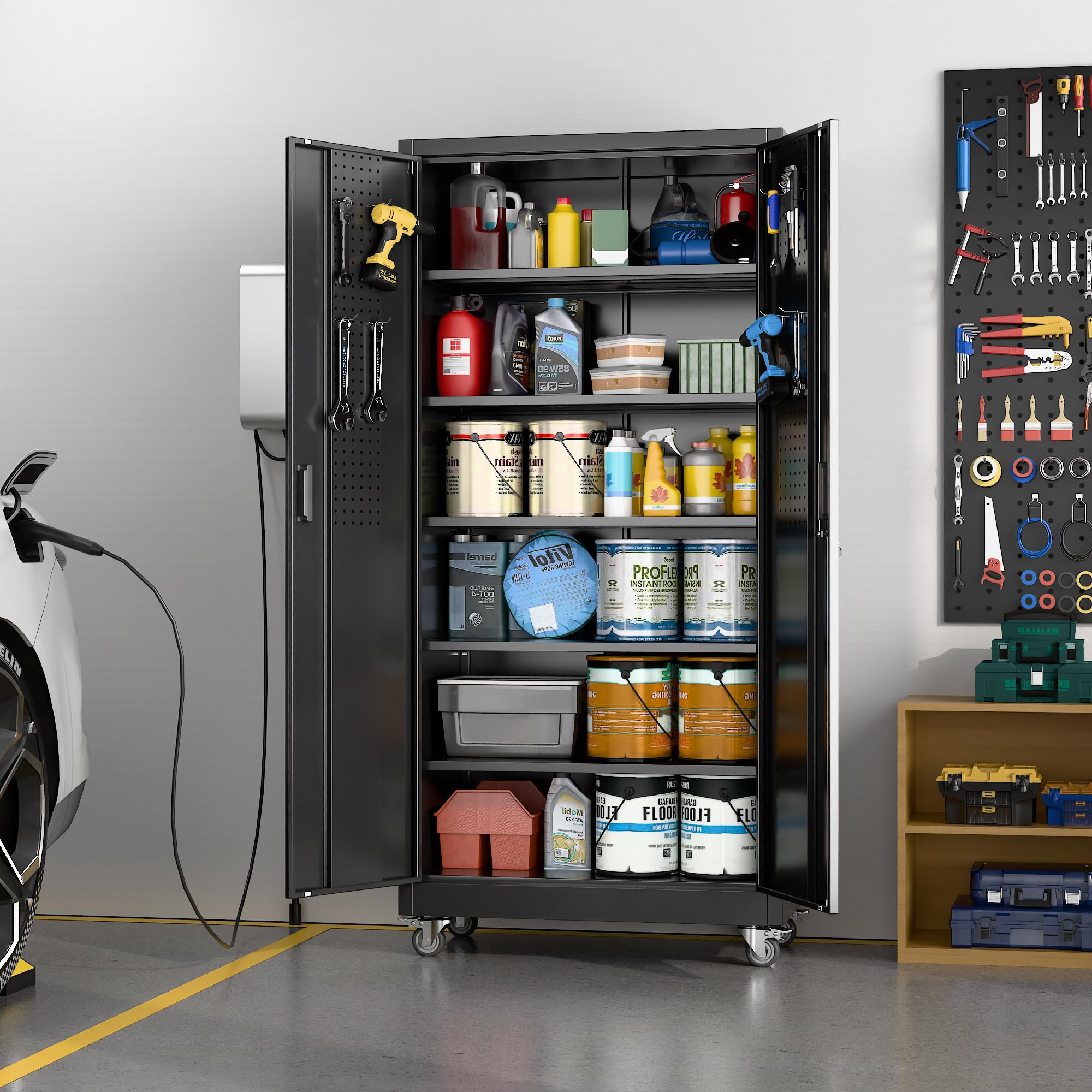 Aobabo Black Metal Garage Storage Cabinet With Wheels, 34inchW X 18inchD X 71inchH 5 Adjustable Shelves Hold Up To 170 Lb Each 4 Lockable Casters And Lockable Doors Organize Tools And Supplies. image 7