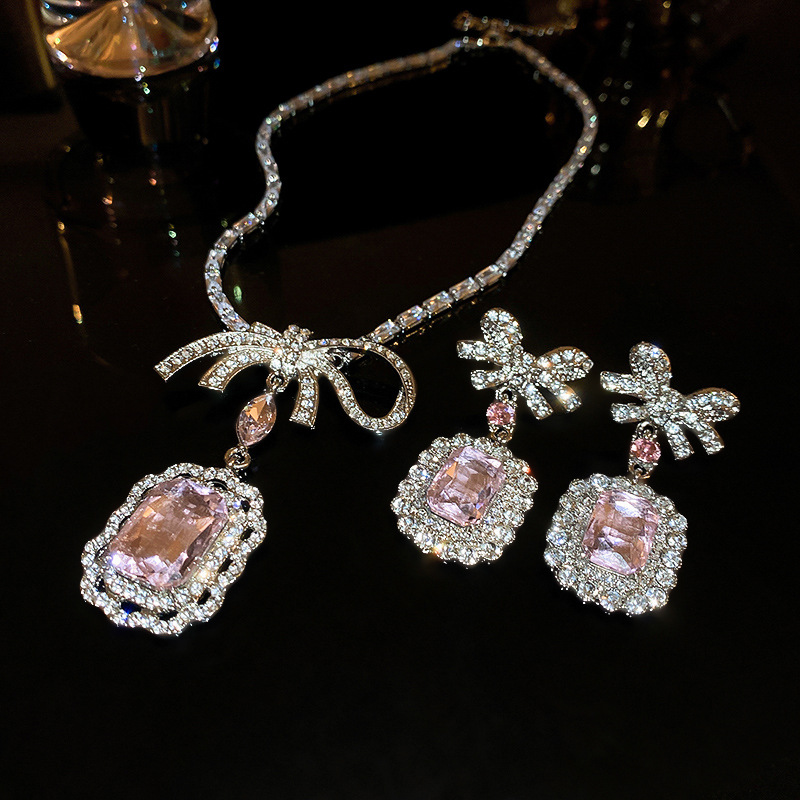 Zircon Square Bow Necklace Earring Set