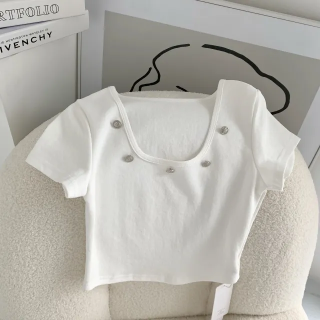 Summer All match Design Sense Short sleeved Square neck Buttoned Top Thinner T shirt White - Shop at LoveMi