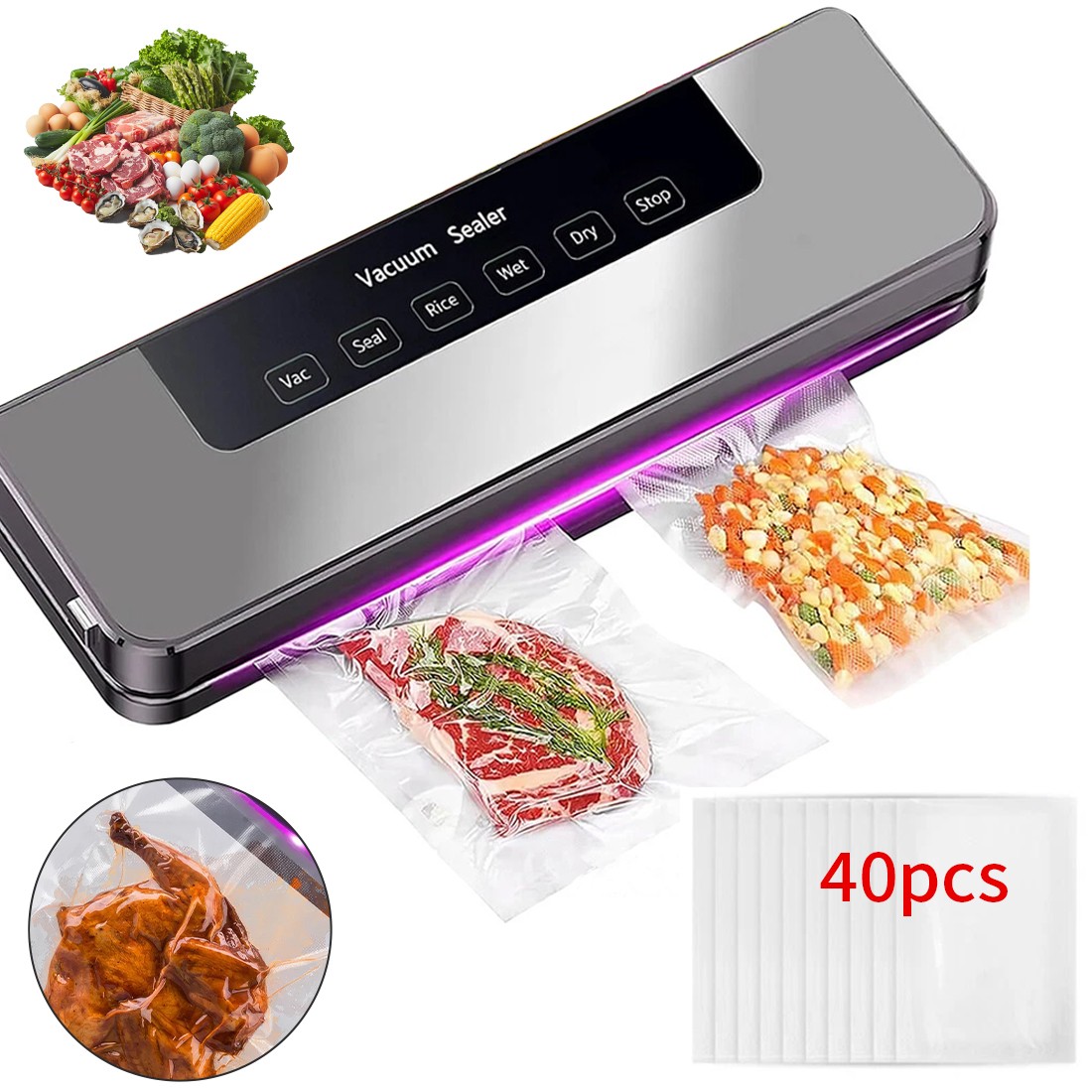 Electric Food Vacuum Sealer Automatic Dry Wet Sealing Packaging Machine 40 Bags — image 3