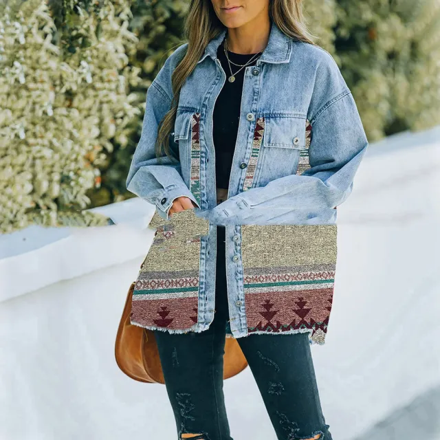 Lapel Pocket Denim Patchwork Wool Coat Green - Shop at LoveMi