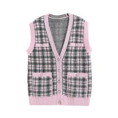 Women's V-neck Plaid Knitted Vest Cardigan - Vest-L - View 1