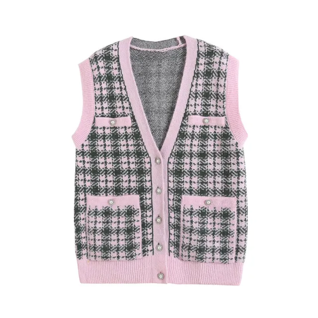 Women's V neck Plaid Knitted Vest Cardigan Vest L - Shop at LoveMi