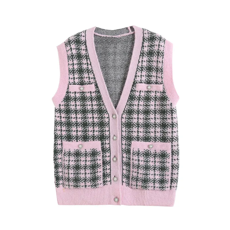 Women's V-neck Plaid Knitted Vest Cardigan - Vest-L
