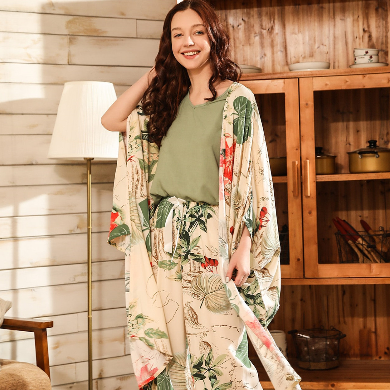 Cotton Silk Three-piece Pajamas Comfortable Long-sleeved Coveralls