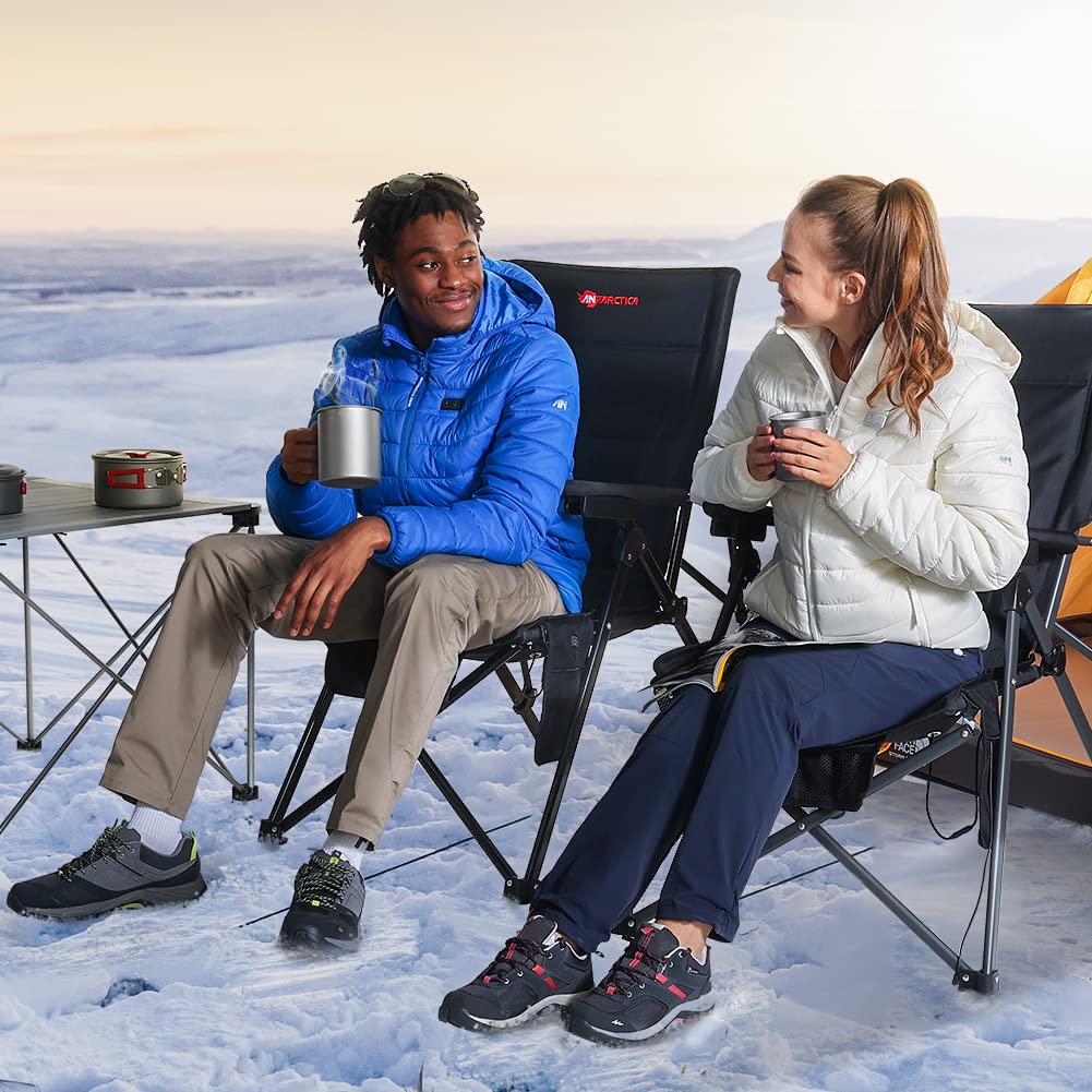 Heated Camping Chair with Battery Pack - Provides warmth and comfort with adjustable heating levels. Includes a waterproof shoulder bag for easy portability. Sturdy design with 360 pounds load-bearing capacity. Features multiple pockets for storage and ma