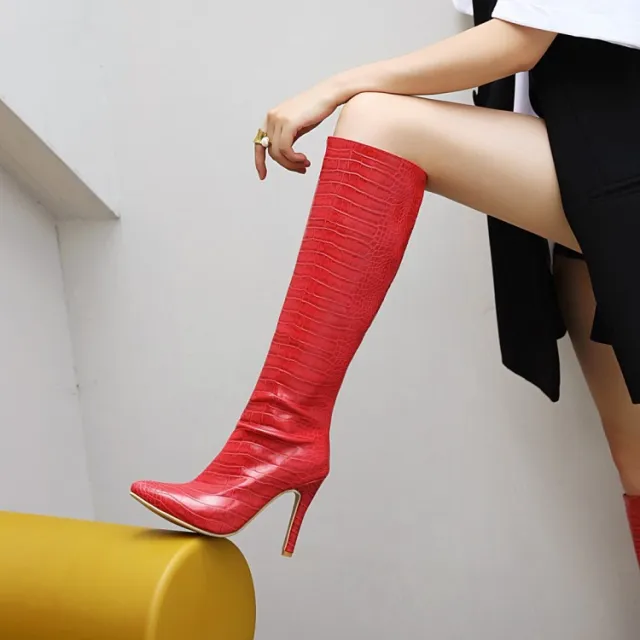European And American Foreign Trade Hot Style Stone Grain Microfiber Pointed toe Shoes Stiletto Heels Not Knee high Red - Shop at LoveMi