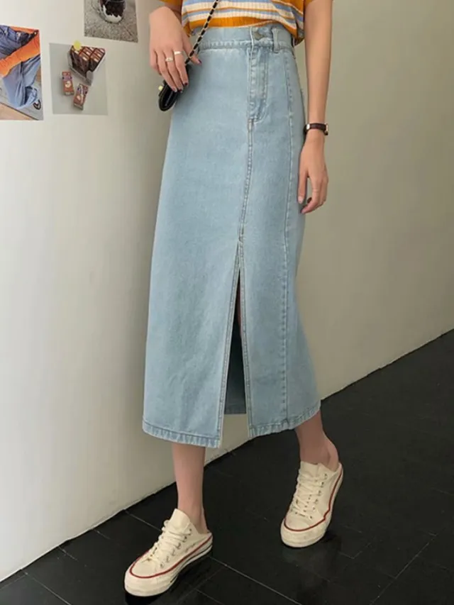Women's Summer Thin Vintage Split Denim Skirt Light Blue - Shop at LoveMi