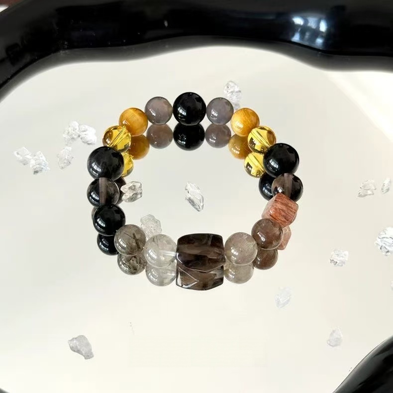 Natural Black Gold Super Seven  Smoky Quartz Bracelet Silver Obsidian Two Tone Beaded Chain Unisex Energy Jewelry