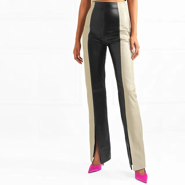 High Waist Slim Two Tone Patchwork PU Leather Pants Black - Shop at LoveMi