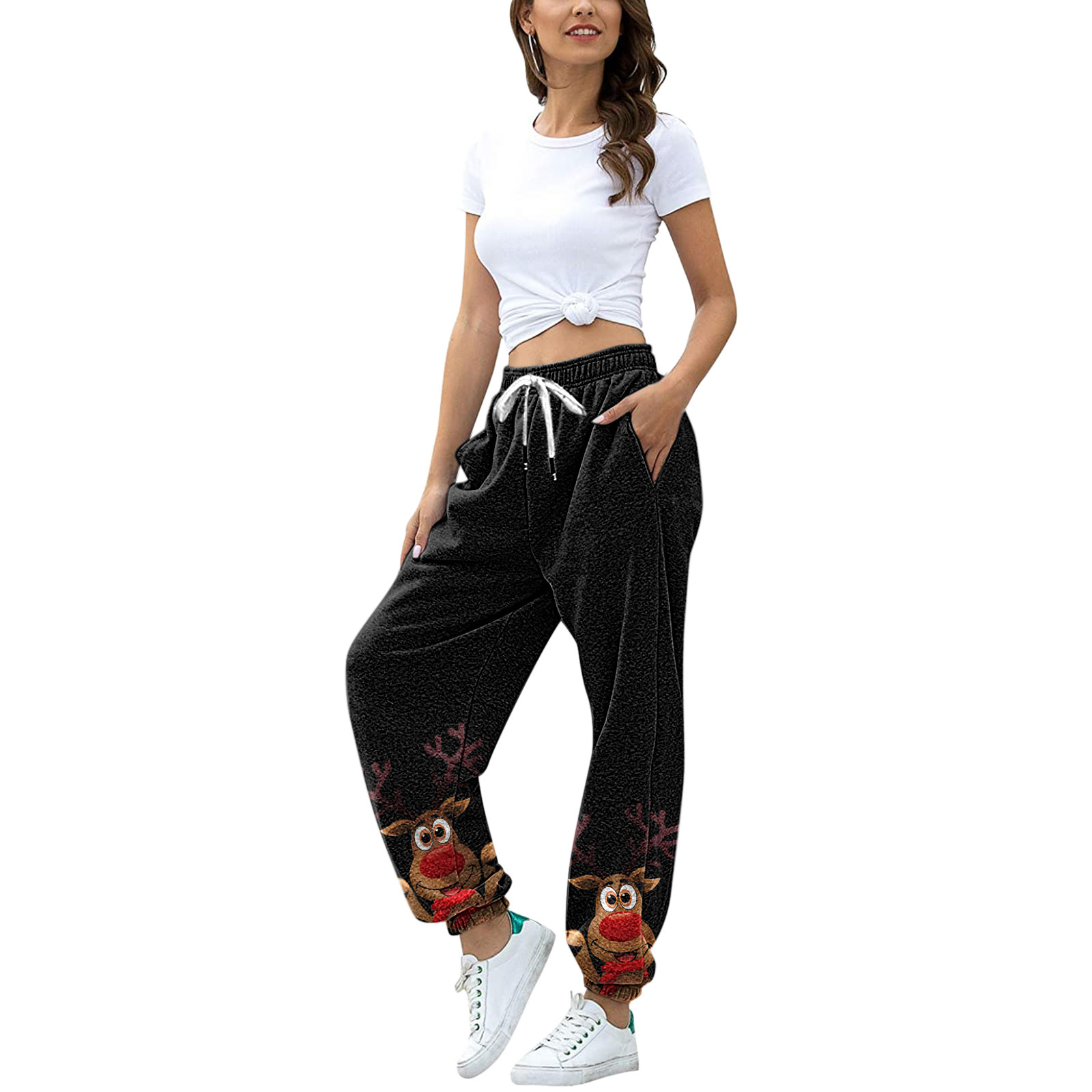 Christmas fleece plaid print pleated volley sweater pants Black - Shop at LoveMi