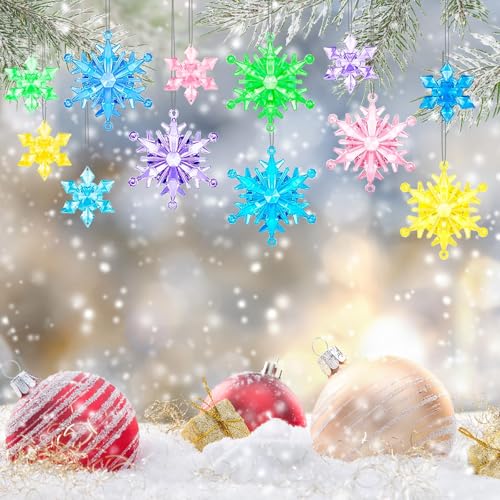60PcsChristmas Winter Snowflake Ornaments Winter SnowflakeHanging Snowflake Ornaments For Tree, Crystal Pendants With Rope, For Holiday Party DIY Decor,Multicolor 2
