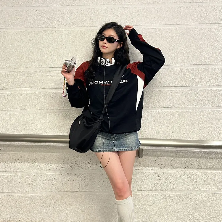American Letter Embroidered Hiphop Sweater Loose Top - Red