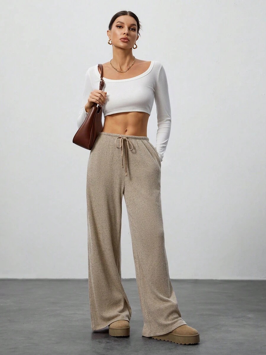Women's Solid Color Drape Waist Drawstring Wide-leg Casual Pants