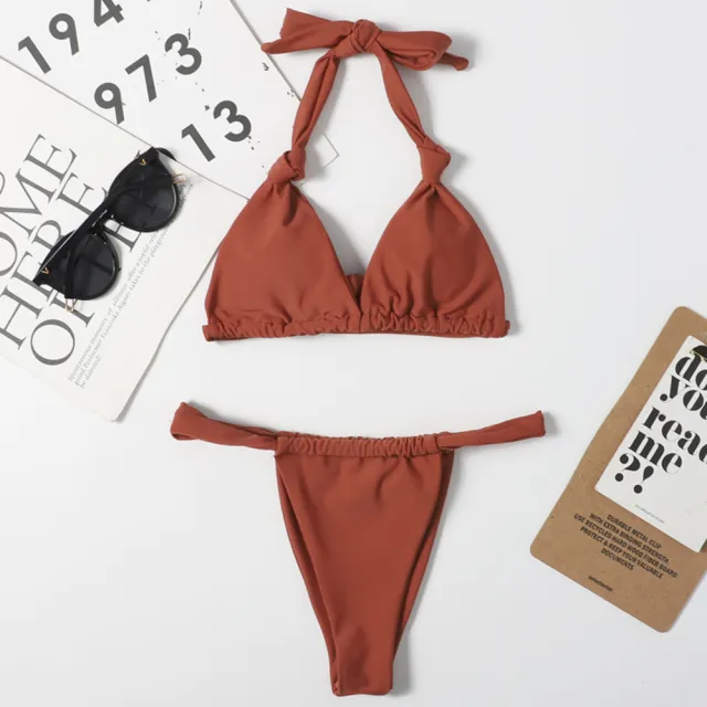 European And American Solid Color Strap Knotted Bikini Swimsuit Brown - Shop at LoveMi