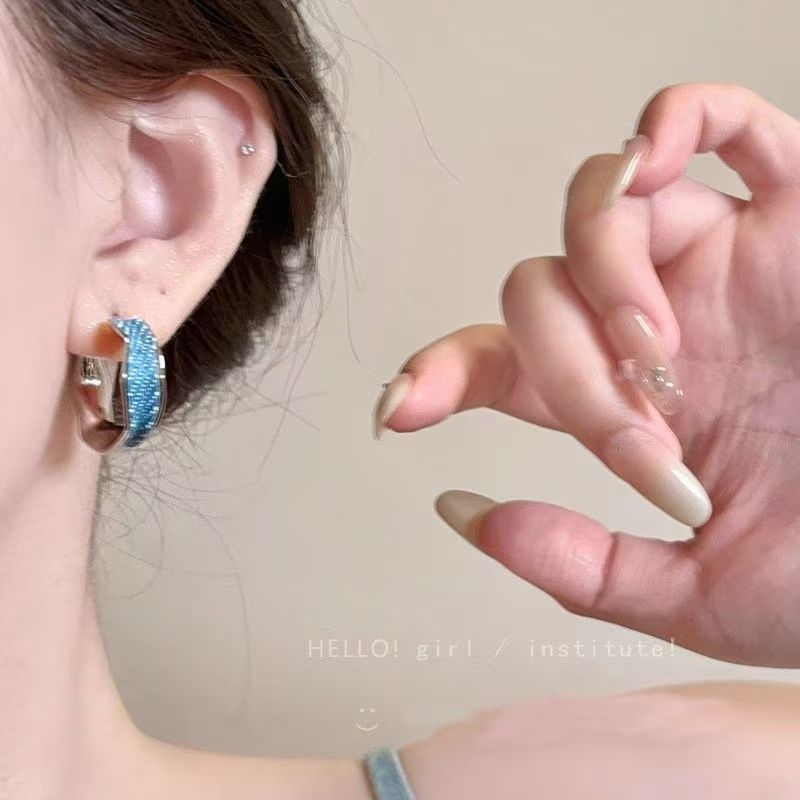 2026 New Blue Oxford Fabric C-shaped Earrings, Irregular Hoop Studs, Niche Design