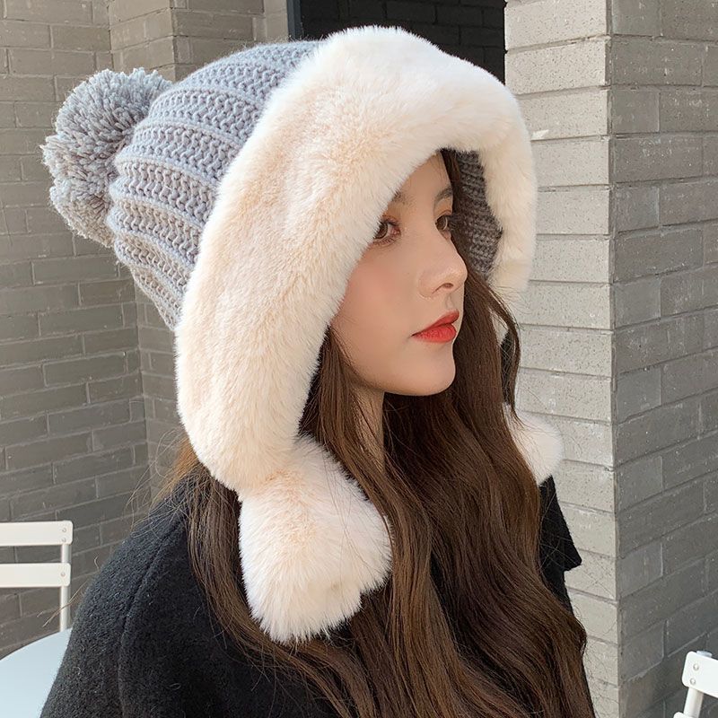 Rabbit Fur Knitted Hat Large Head Fleece Warm Grey - Shop at LoveMi