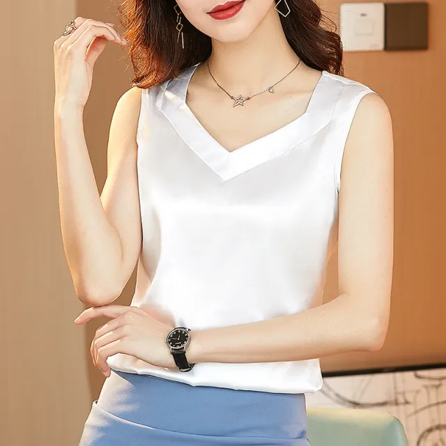 Spring And Summer Silk And Satin Bottoming With V neck Sleeveless Top White - Shop at LoveMi