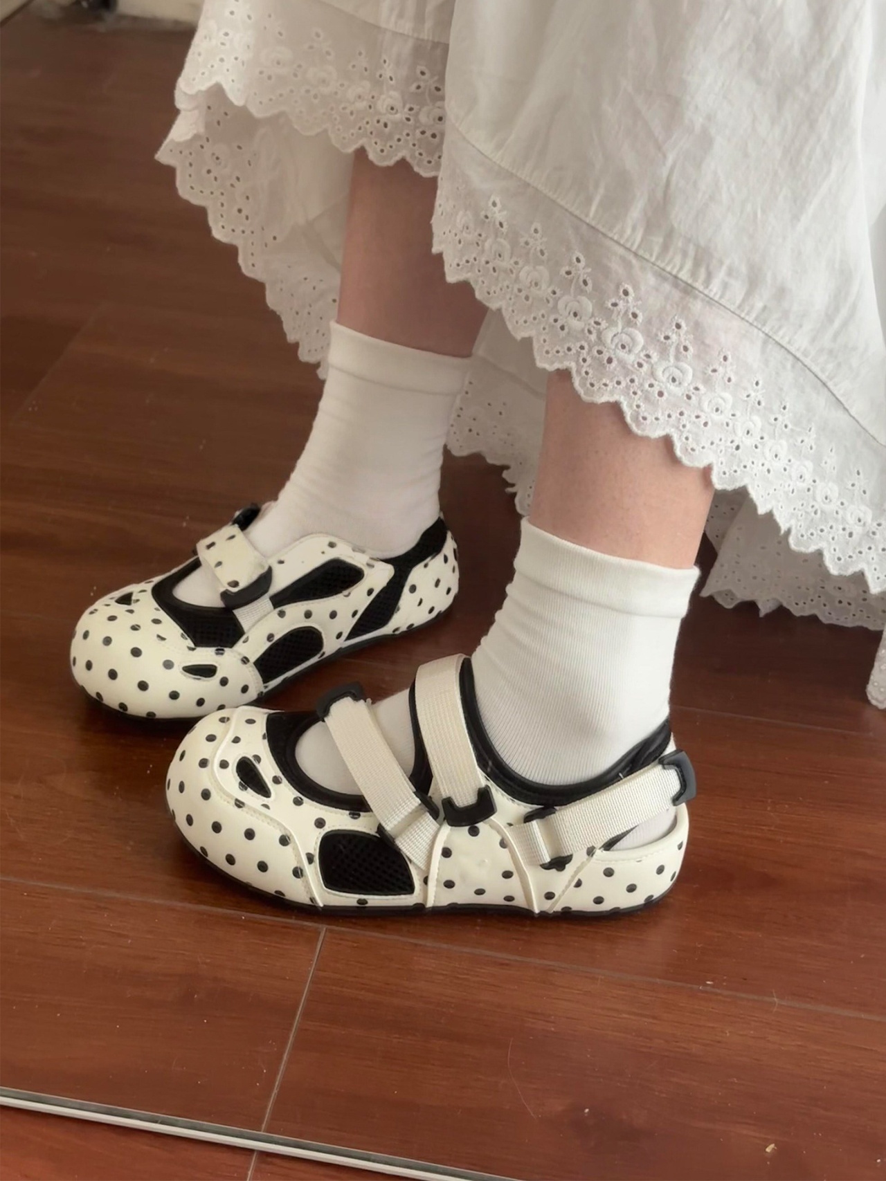 2026 New Summer Women Polka Dot Sports Sandals, Breathable Hollow Flat Mary Jane Shoes With Adjustable Velcro Strap — view 5