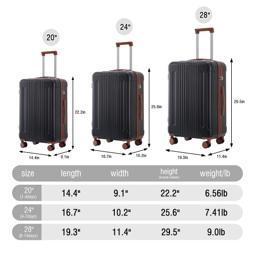 20   24  28  3 Pcs Set In ABS Spinner Wheel Luggage, Carry On Suitcase, Matching Color, TSA Combination Lock