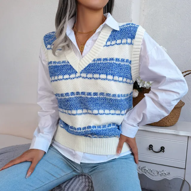 Fashion V neck Color Stripe Knitted Vest Sweater Blue - Shop at LoveMi