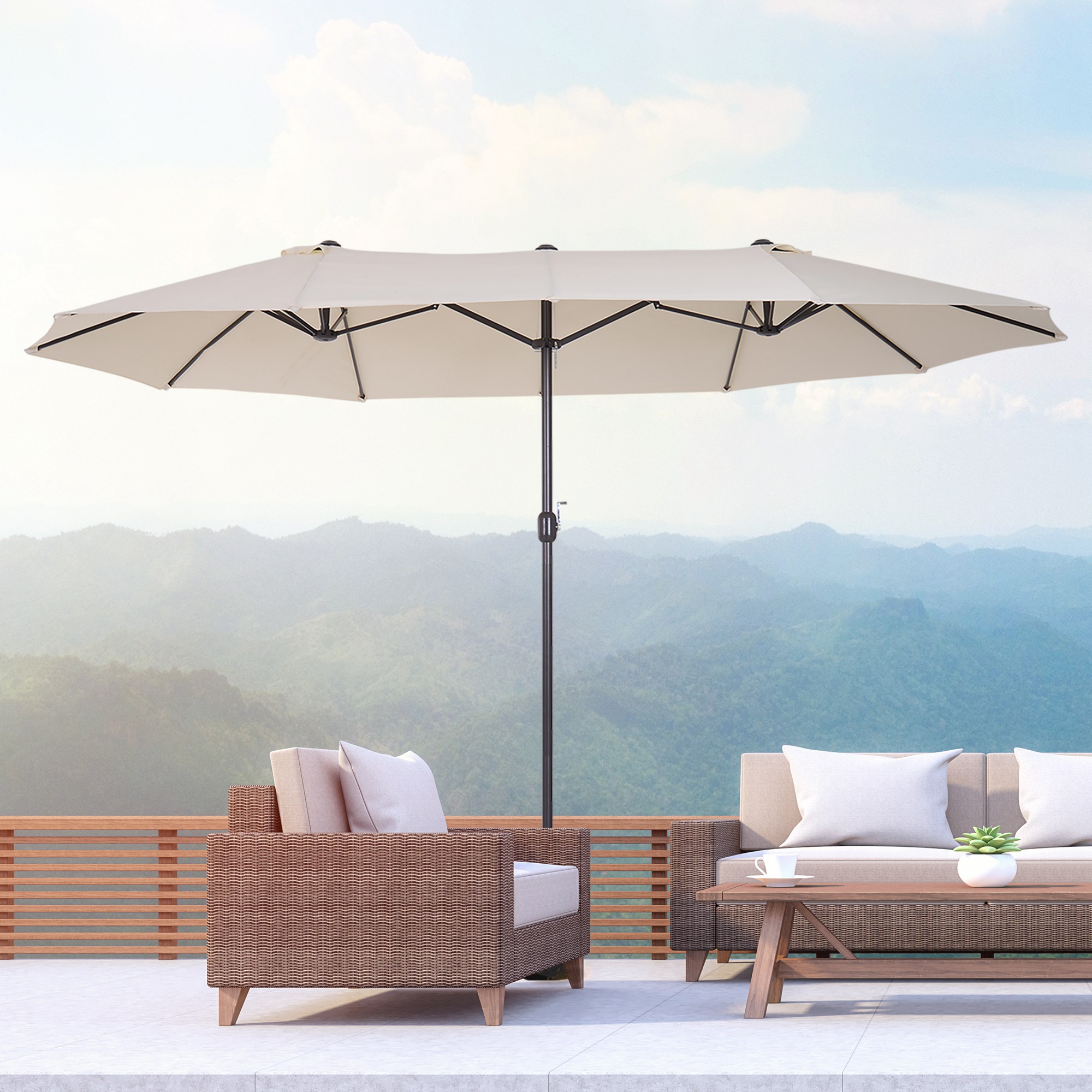 15ft Double Sided Patio Umbrella Outdoor Market Extra Large Cream White With Crank For Deck Lawn Pool_voghion.com
