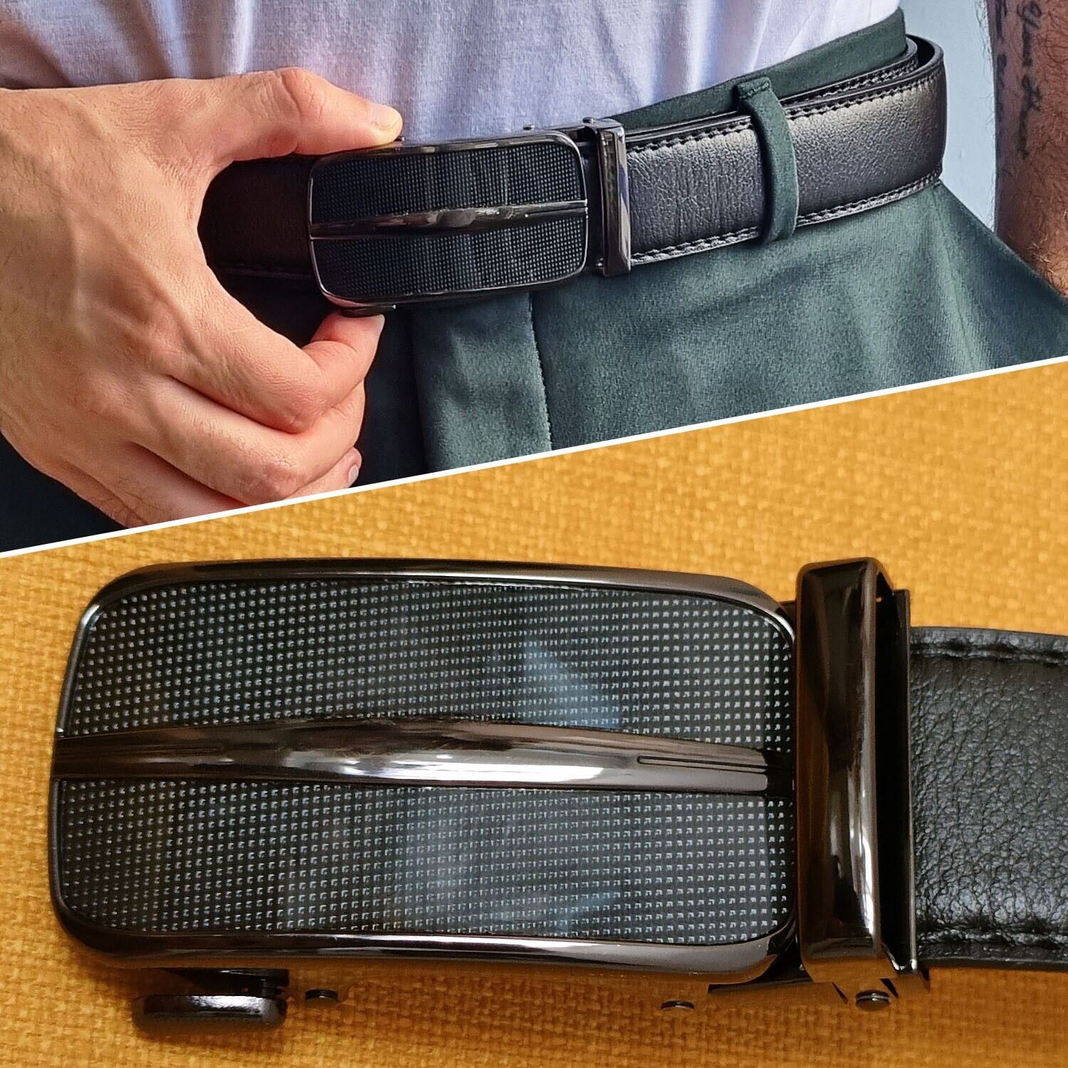 Ratchet Leather Belt with Slide Buckle shipping only inside the US, USPS First Class Package 2 Day Handling, 2-5 Day Shipping. Microfiber PU Leather Ratchet Belt Belts For Men Adjustable Size with Automatic Slide Buckle No Holes by SHAVIT. Ratchet Closure