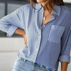 Women's Elegant Striped Long Sleeve Shirt - Pointed Lapel Collar With Chest Pocket, Button-Up Casual Blouse For Spring&Fall - Blue - View 1