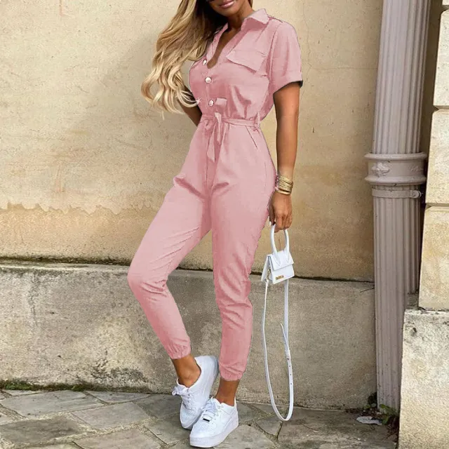 Casual Lapel Printed Belt Overalls Pink - Shop at LoveMi