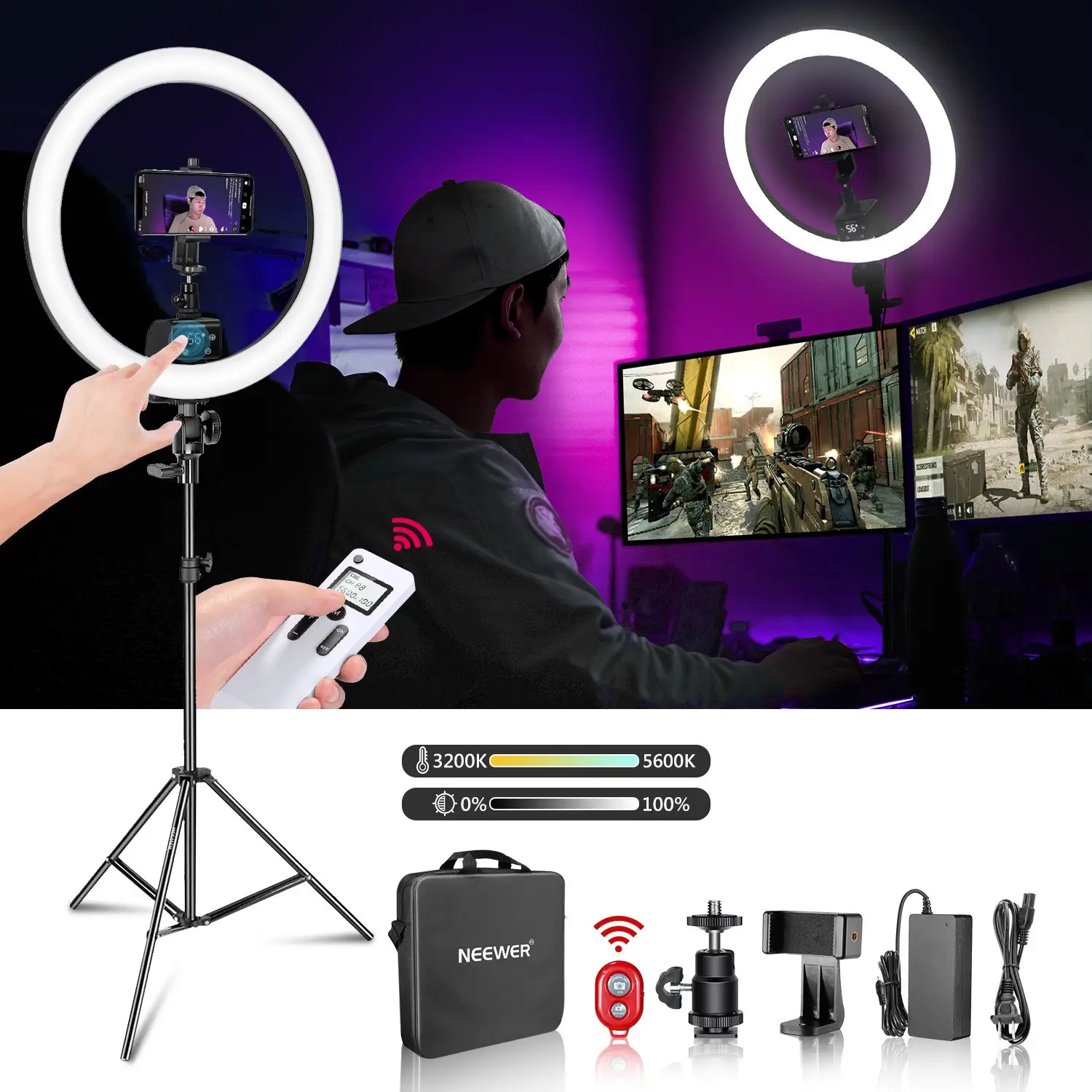 18-Inch LED Ring Light with Adjustable Stand and Phone Holder for Photography and Video — Photographic lamp set, Mobile phone clip