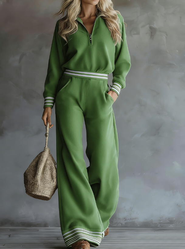 Phnom Penh Stripe Stand-Collar Half-Zip Sweatshirt And Wide-Leg Pants Two-Piece Set