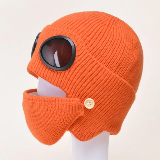 Aviator Glasses Ear With Velvet Warm Wool Hat Orange - Shop at LoveMi