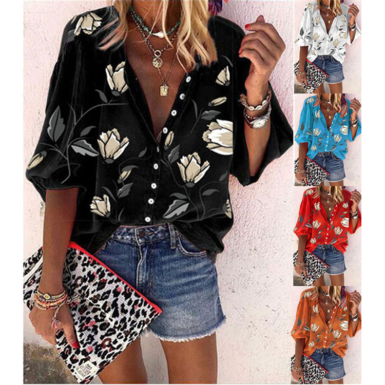 Flower Printed Nine-Sleeve Top Loose Casual Shirt