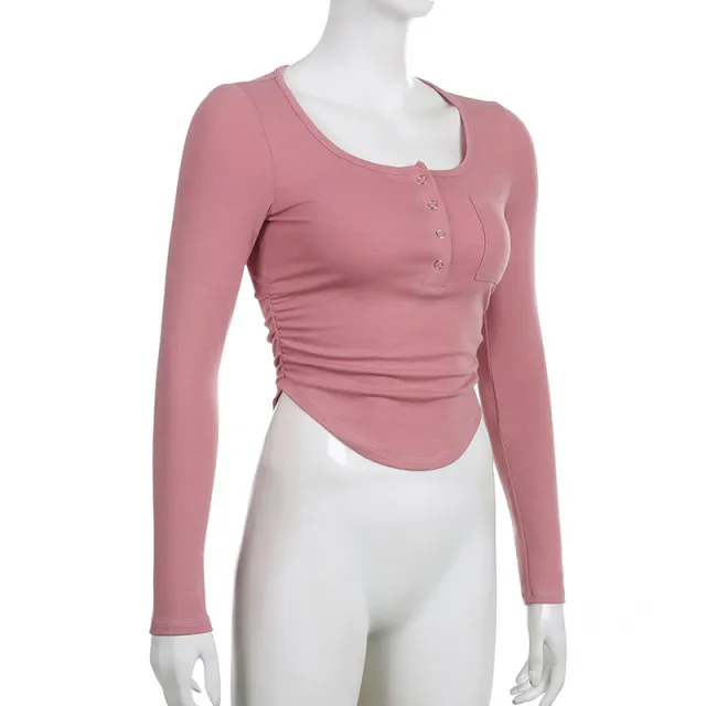 Pleated U shaped Breasted Irregular Hem Long sleeved Top Pink - Shop at LoveMi