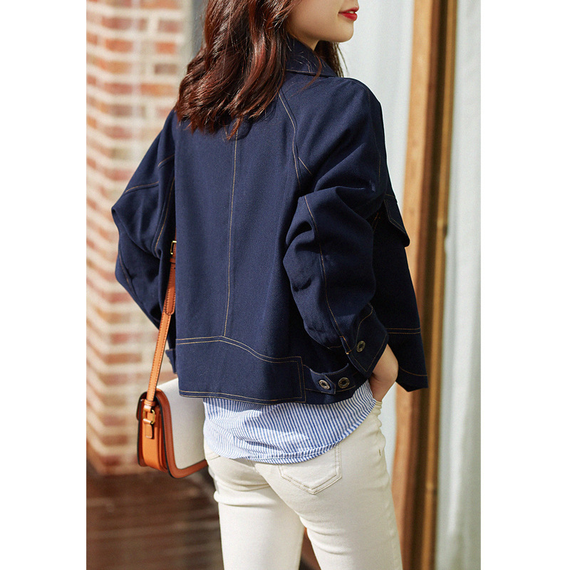Women's Short Dark Blue Denim Jacket Loose Casual Top