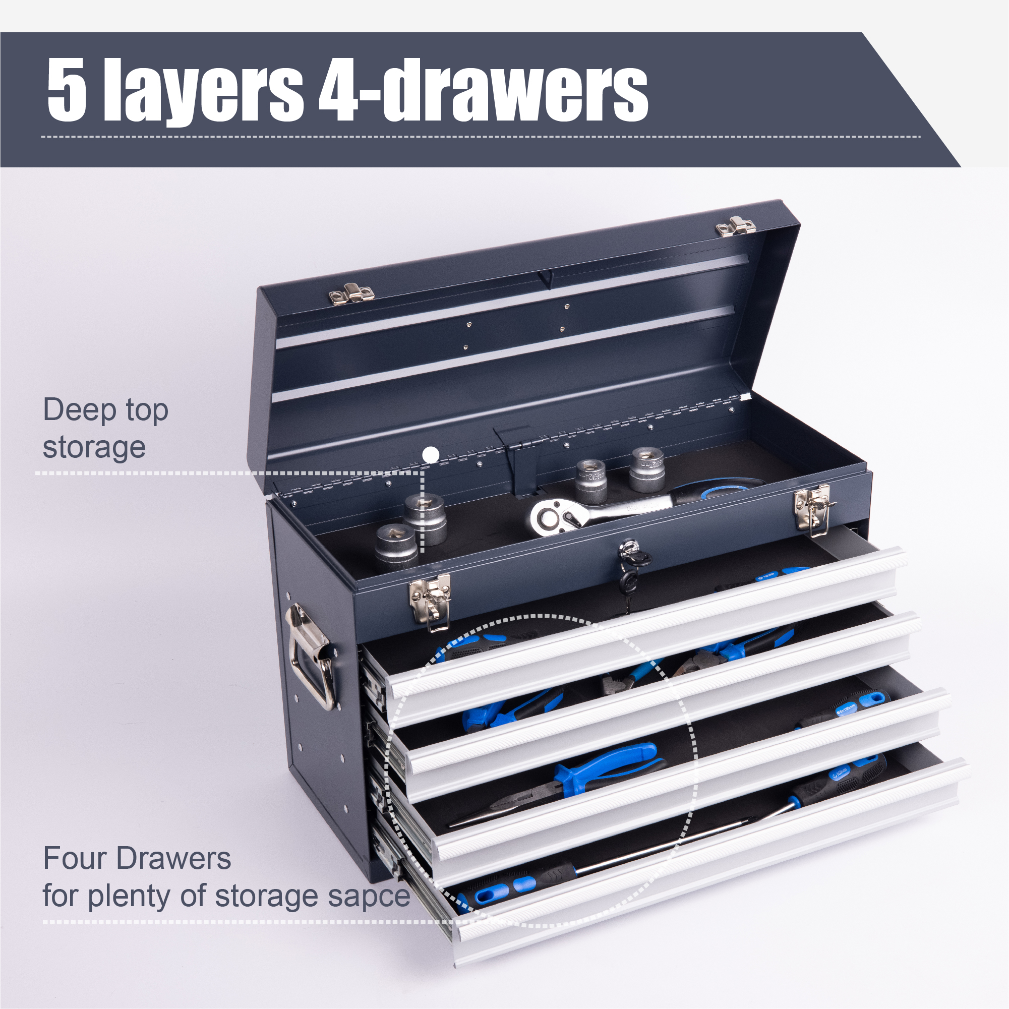 Heavy Duty Metal Tool Box, 21-inch, Portable Metal Tool Box With 4 Drawers, Small Tool Chest With EVA Liners, Ball Bearing Slide Drawers Locking & Powder Coated Finish, Multi-Function Tool Organizer — foto 5