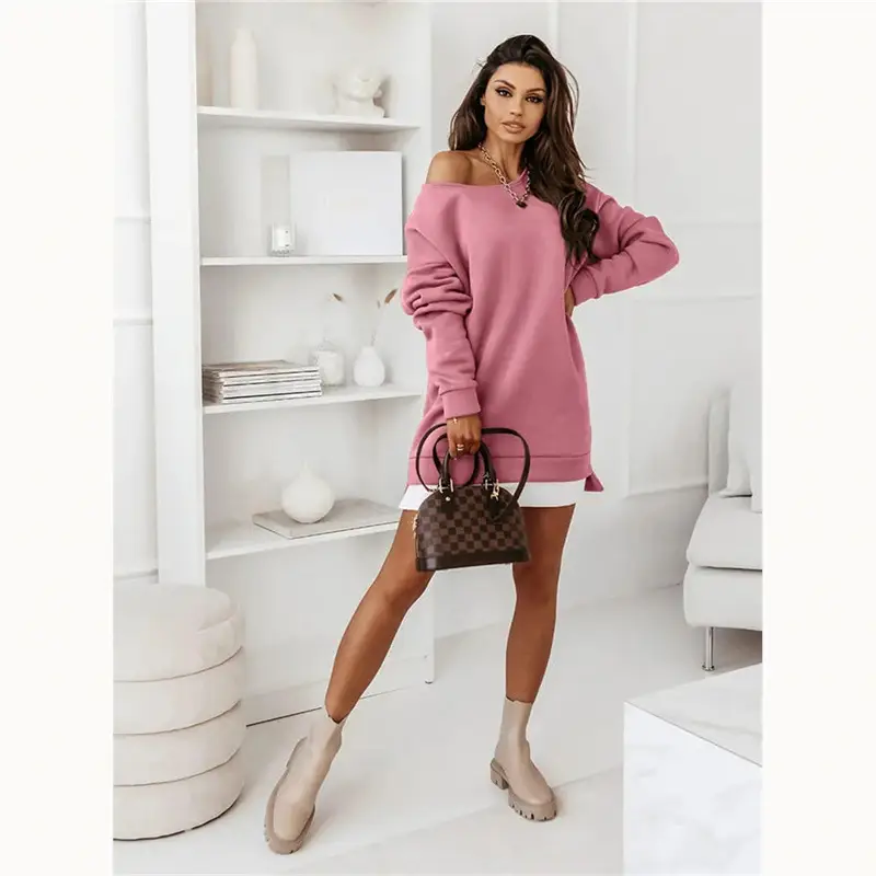 Solid Color Off-shoulder Pullover Cotton Sweatshirt Dress