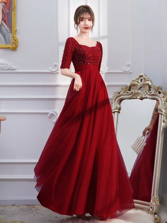 Wine Red Engagement Back Door Evening Dress Female Long Sleeve Wine Red - Shop at LoveMi